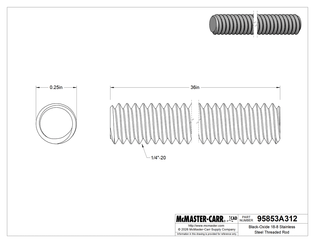 Technical Drawing of Black-Oxide 18-8 Stainless Steel Threaded Rod, 1/4"-20 Thread Size, 3 Feet Long.